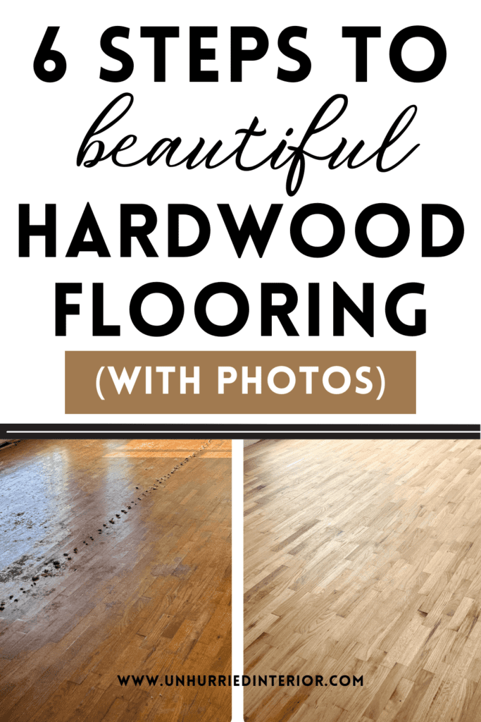 Text-based Pinterest pin reading ‘6 Steps to Beautiful Hardwood Flooring With Photos’ in black font with images of hardwood floors in the background.