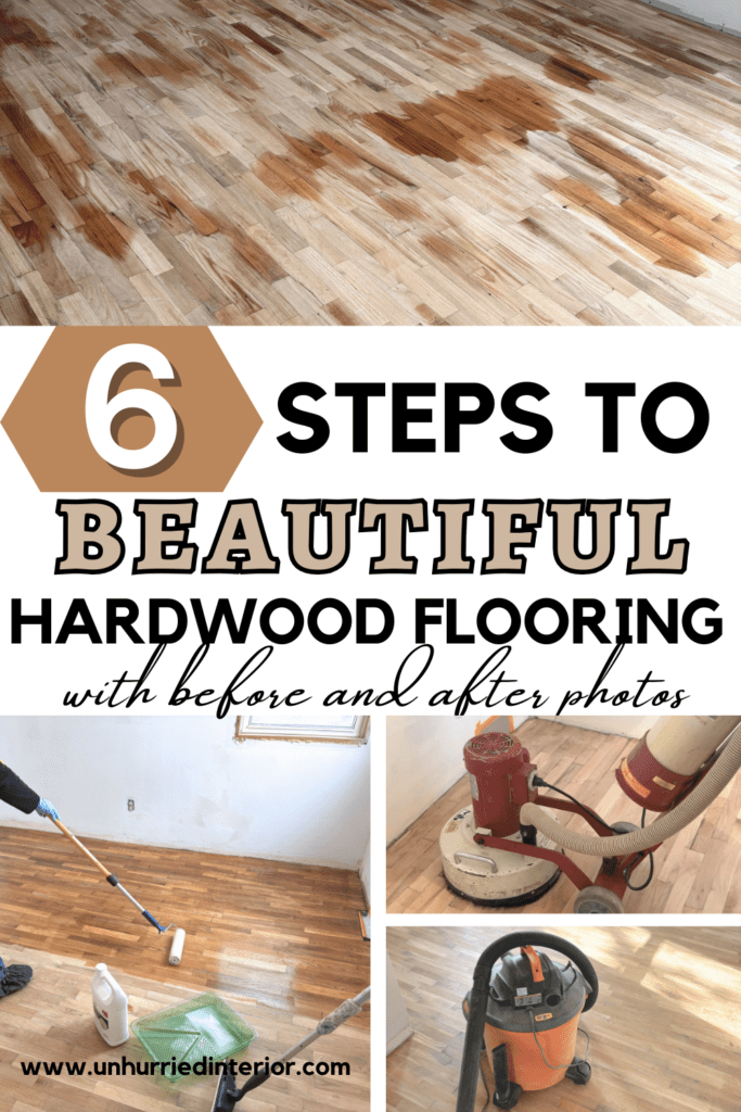 Text-based Pinterest pin reading ‘6 Steps to Beautiful Hardwood Flooring With Before and After Photos’ in black font with images of a floor sander, vacuum, hardwood floors in the background.