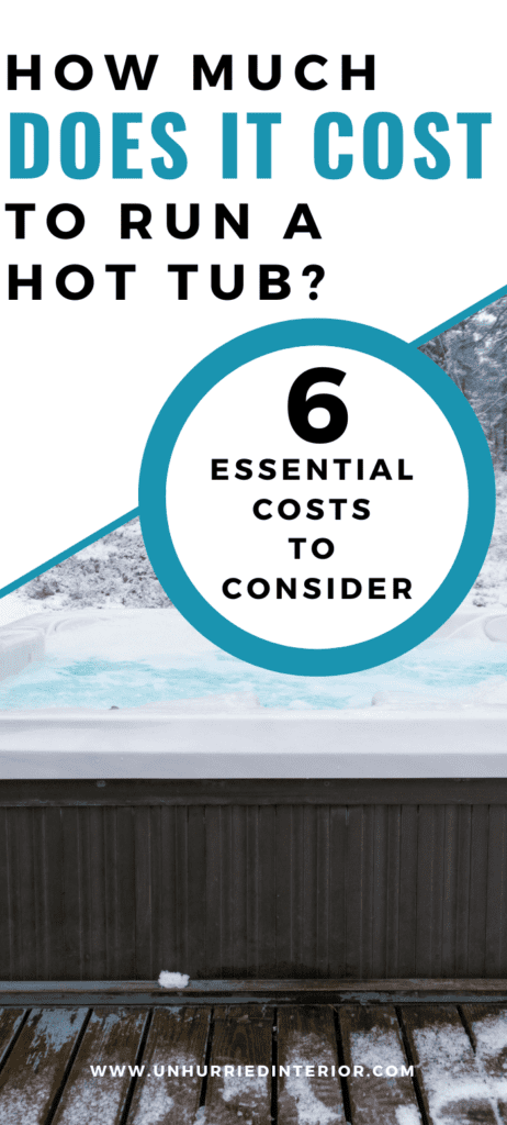 Text-based Pinterest pin reading ‘How Much Does It Cost to Run a Hot Tub? 6 Essential Costs to Consider’ in clean black and teal font with an image of a hot tub in the background.