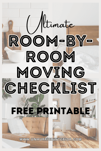 Text-based Pinterest pin reading ‘Ultimate Room-By-Room Moving Checklist Free Printable’ in black font with images of a couch, bed, kitchen, living room in the background.