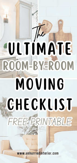 Text-based Pinterest pin reading ‘Ultimate Room-By-Room Moving Checklist Free Printable’ in black font with images of a couch, bed, kitchen, living room in the background.