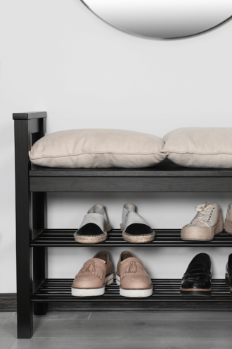 shoe storage bench in small entryway — how to organize shoes in small spaces