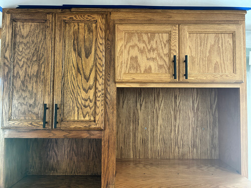 honey oak cabinets before and after Briwax Tudor Brown kitchen makeover