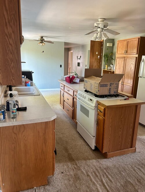 1990s kitchen before renovation honey oak cabinets original layout