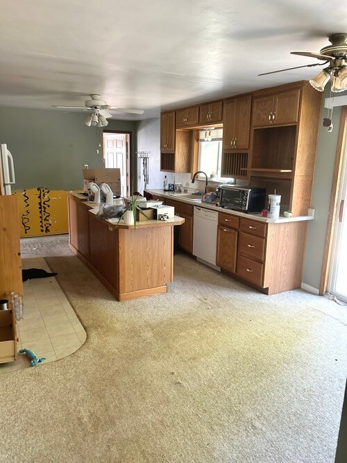 honey oak kitchen cabinets before renovation orange builder grade 1990s